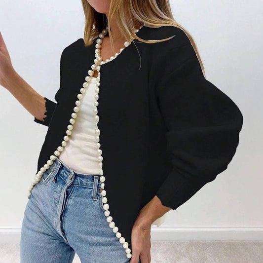 Women's Autumn New Round Neck Pearl Long Sleeve Black Cardigan Coat