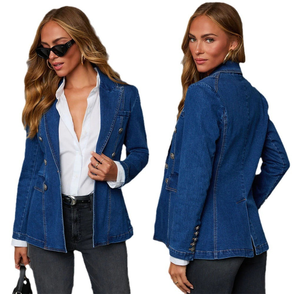 Chic Double-Breasted Denim Blazer – Stylish & Versatile