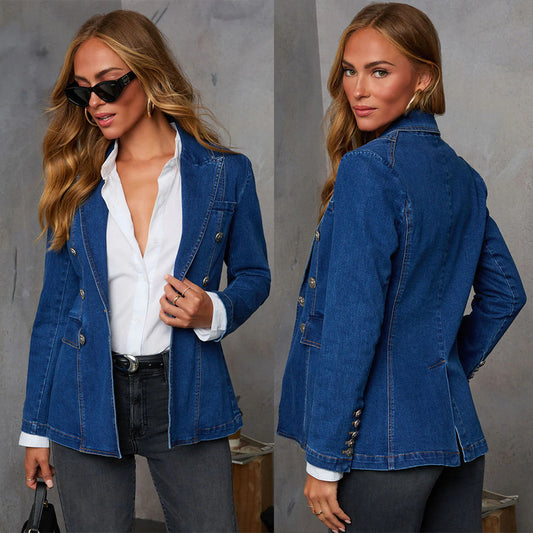 Chic Double-Breasted Denim Blazer – Stylish & Versatile