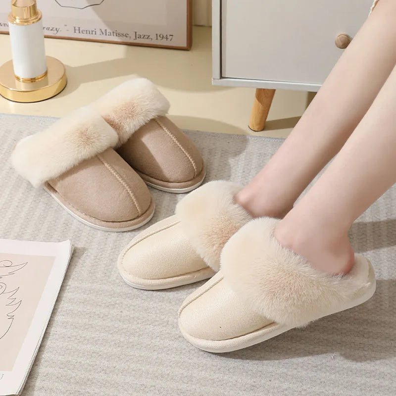 Winter Warm Plush Home Slippers Indoor Fur Slippers Women Soft Lined Cotton Shoes Comfy Non-Slip Bedroom Fuzzy House Shoes Women Couple