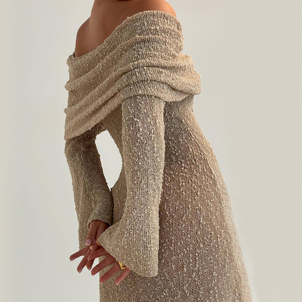 Elegant Off-the-Shoulder Knitted Long-Sleeve Dress – Chic & Timeless