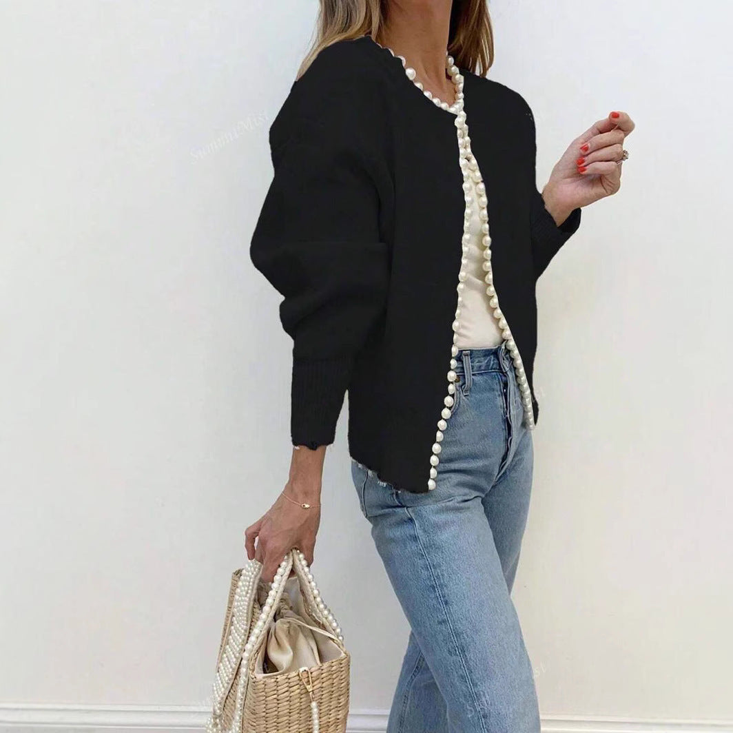 Women's Autumn New Round Neck Pearl Long Sleeve Black Cardigan Coat