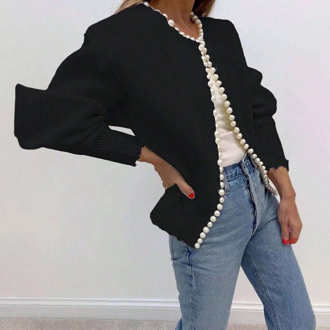 Women's Autumn New Round Neck Pearl Long Sleeve Black Cardigan Coat