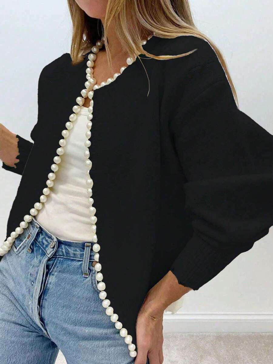 Women's Autumn New Round Neck Pearl Long Sleeve Black Cardigan Coat