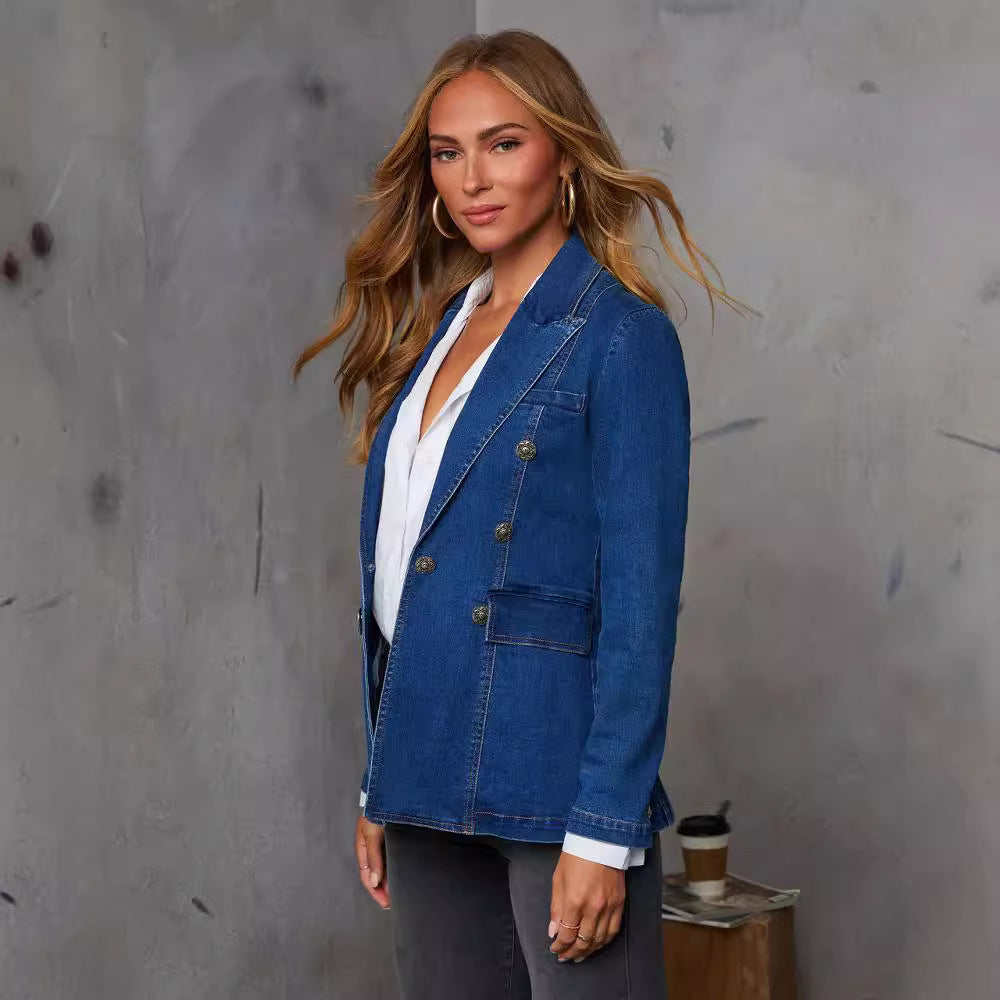 Chic Double-Breasted Denim Blazer – Stylish & Versatile