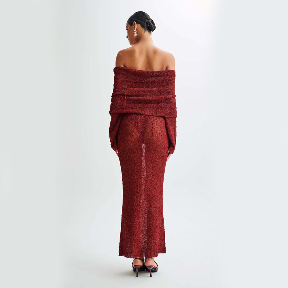 Elegant Off-the-Shoulder Knitted Long-Sleeve Dress – Chic & Timeless