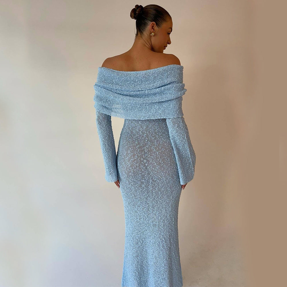 Elegant Off-the-Shoulder Knitted Long-Sleeve Dress – Chic & Timeless